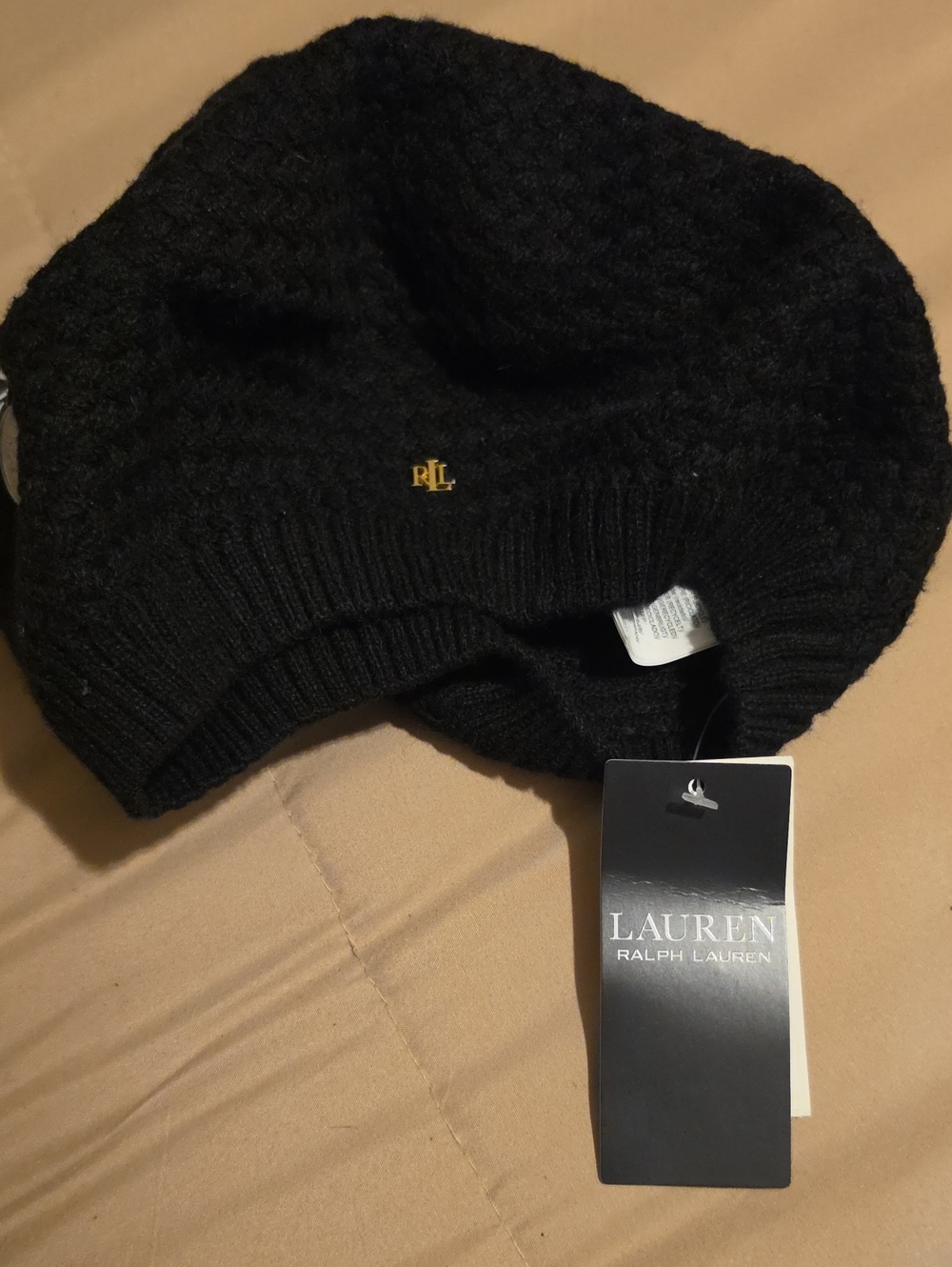 Ralph Lauren Black Knit Wool Beret with Gold RL Accent